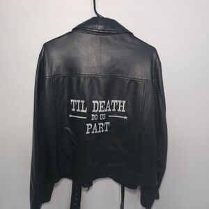 Nasty Gal Black Leather Biker Jacket with Bold Back Design